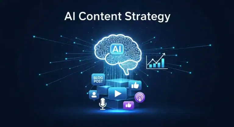 AI Content Strategy: Brain icon with blog, video, podcast, & social media icons.